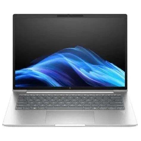 Notebook HP EliteBook prata, com acabamento metálico, tela de 14 polegadas e teclado compacto com touchpad amplo.