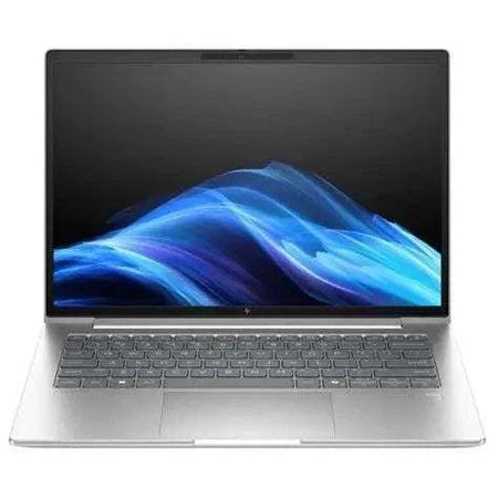Notebook HP EliteBook prata, com acabamento metálico, tela de 14 polegadas e teclado compacto com touchpad amplo.