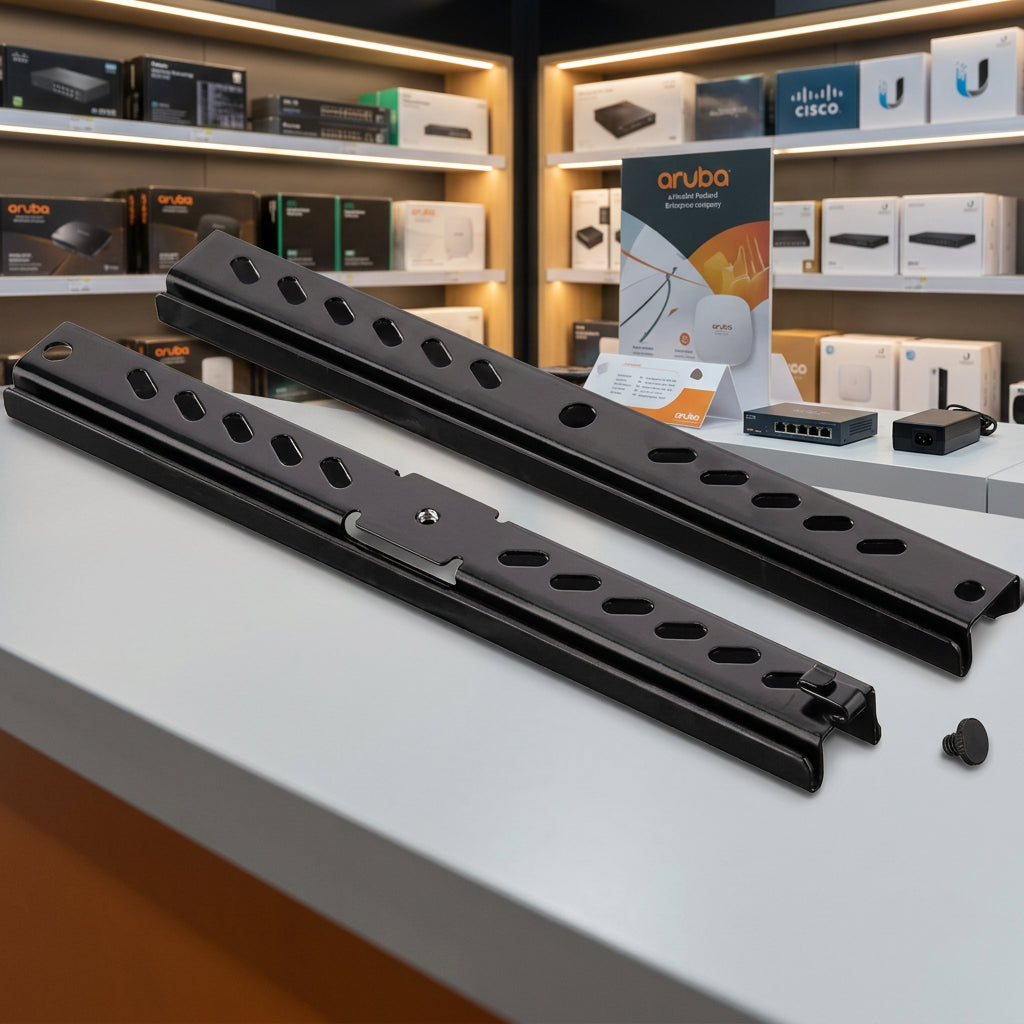 Suporte de montagem HPE Aruba AP-MNT-D para Access Point – R3J18A, composto por trilhos metálicos de fixação com múltiplos pontos de encaixe e mecanismo de retenção. Possui acabamento preto e é destinado à instalação de Access Points Aruba compatíveis.