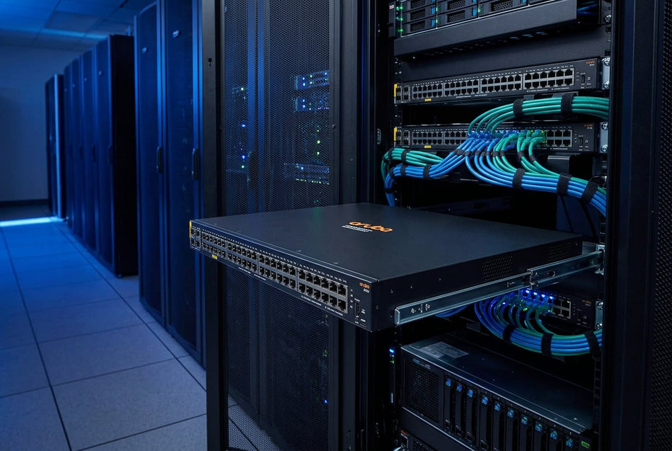Switch HPE Aruba 6100 preto, metálico, com 48 portas Ethernet frontais e quatro uplinks SFP+ para redes PoE+ empresariais.