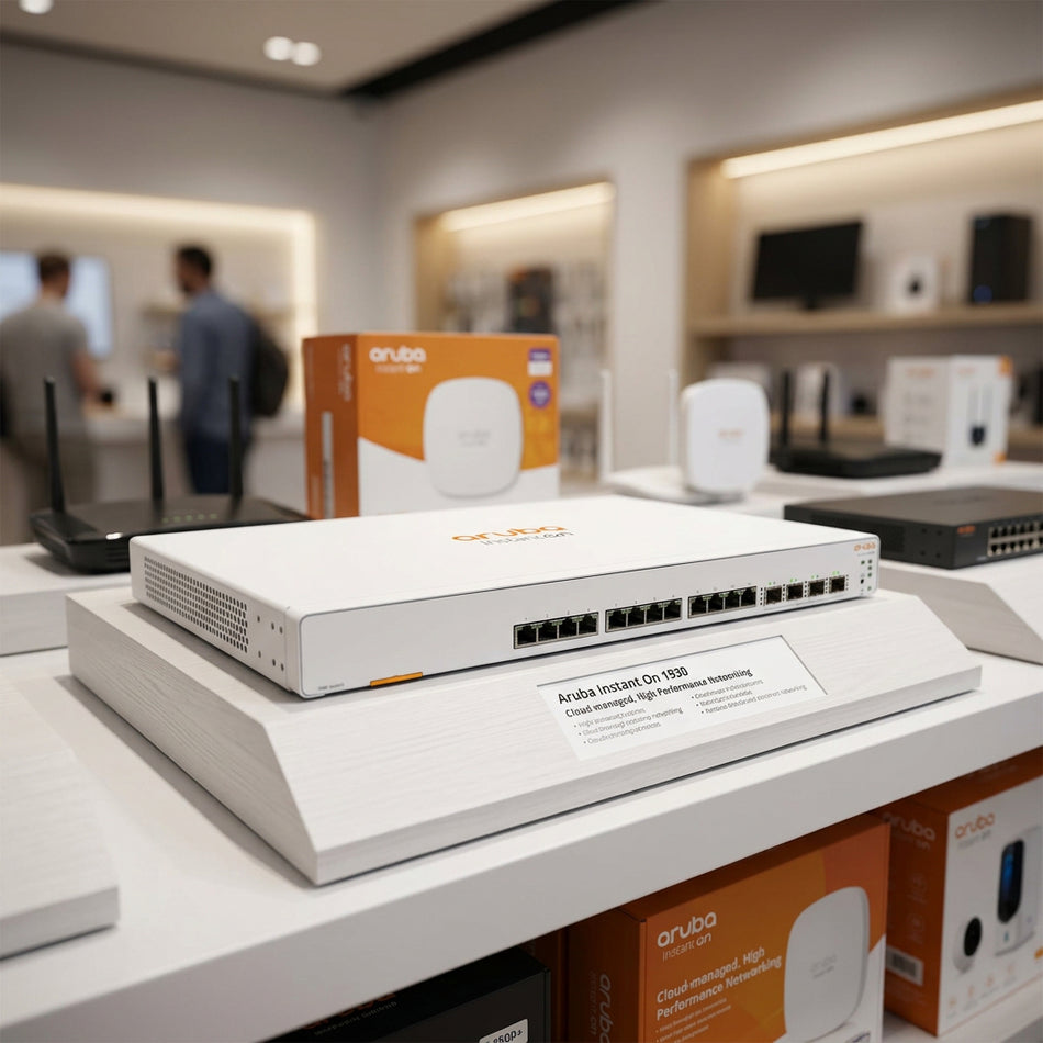 um roteador ou switch branco e laranja com várias portas, provavelmente usado para conexão à internet ou gerenciamento de rede.