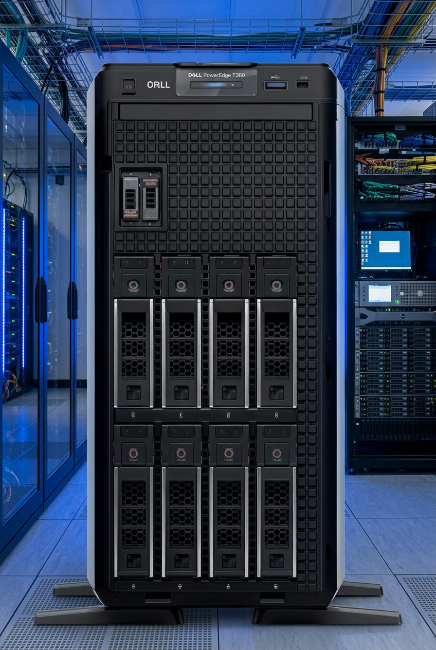 um rack de servidor Dell com vários racks e servidores, incluindo um servidor central com uma luz azul no topo.