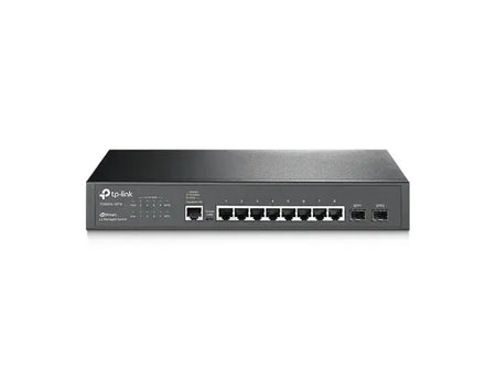 Switch TP-LINK Gerenciável Gigabit TL-SG3210 com 8 portas RJ45 e 2 slots SFP, instalação em rack.