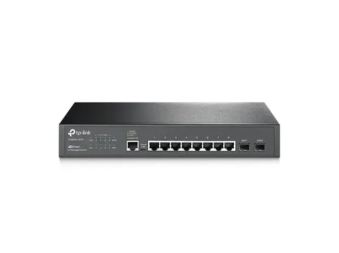 Switch TP-LINK Gerenciável Gigabit TL-SG3210 com 8 portas RJ45 e 2 slots SFP, instalação em rack.