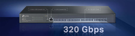 TP-Link TL-SX3016F switch front view with 16 10GE SFP+ ports and 320 Gbps bandwidth.