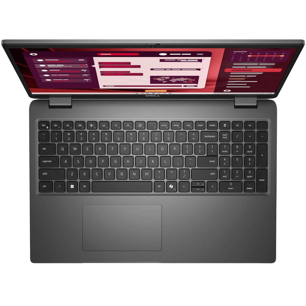 Top view of Dell Latitude 3550 laptop keyboard and screen displaying software interface.