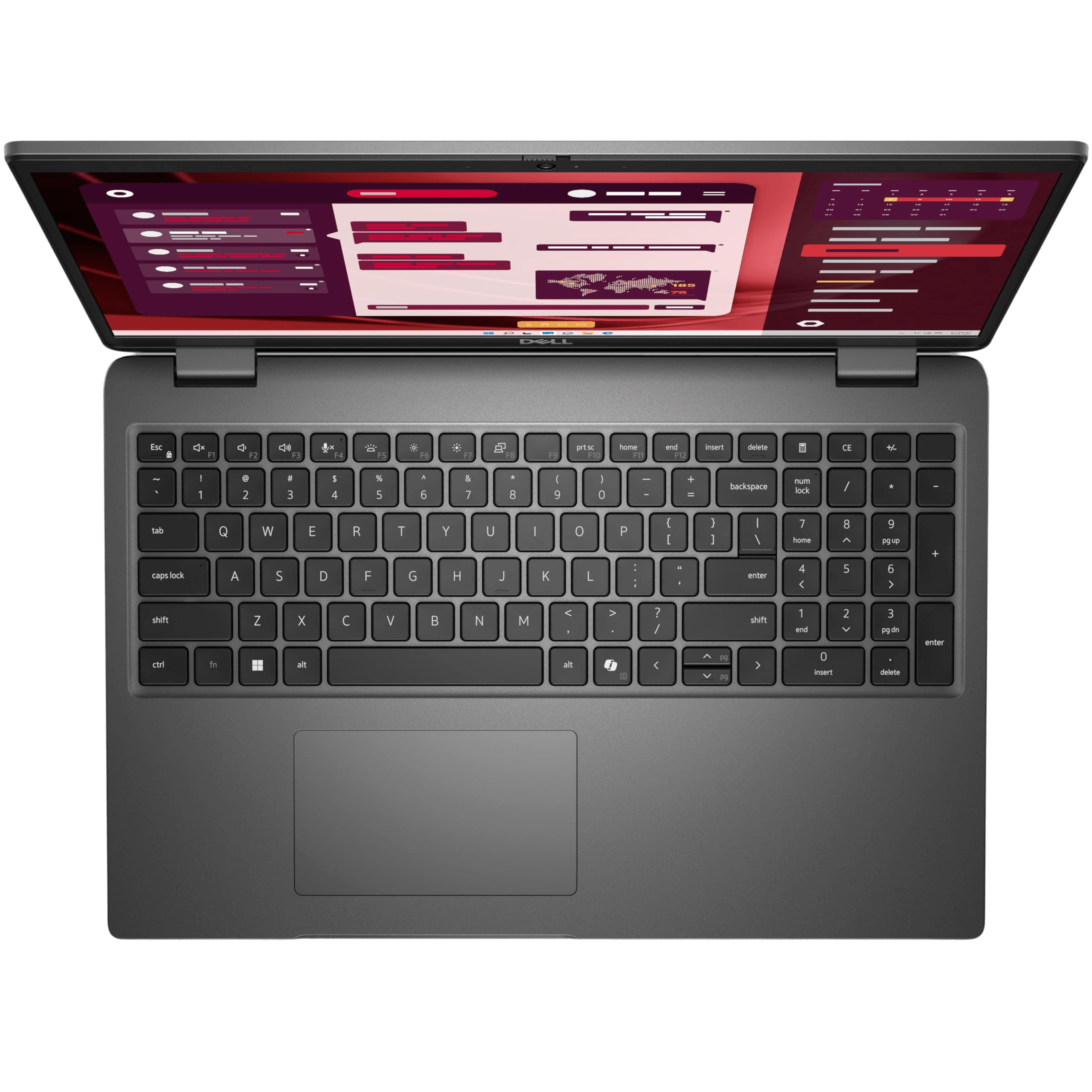 Top view of Dell Latitude 3550 laptop keyboard and screen displaying software interface.