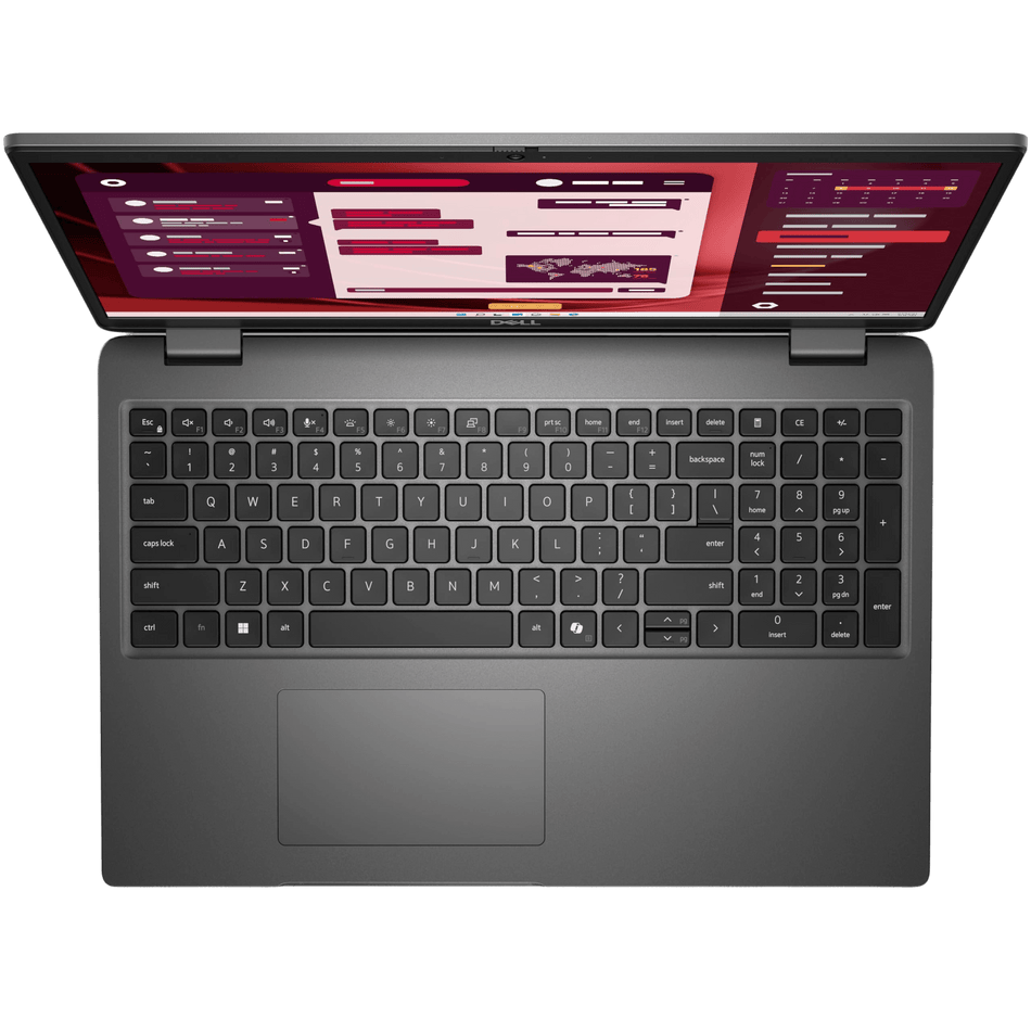 Top view of Dell Latitude 3550 laptop keyboard and screen displaying software interface.
