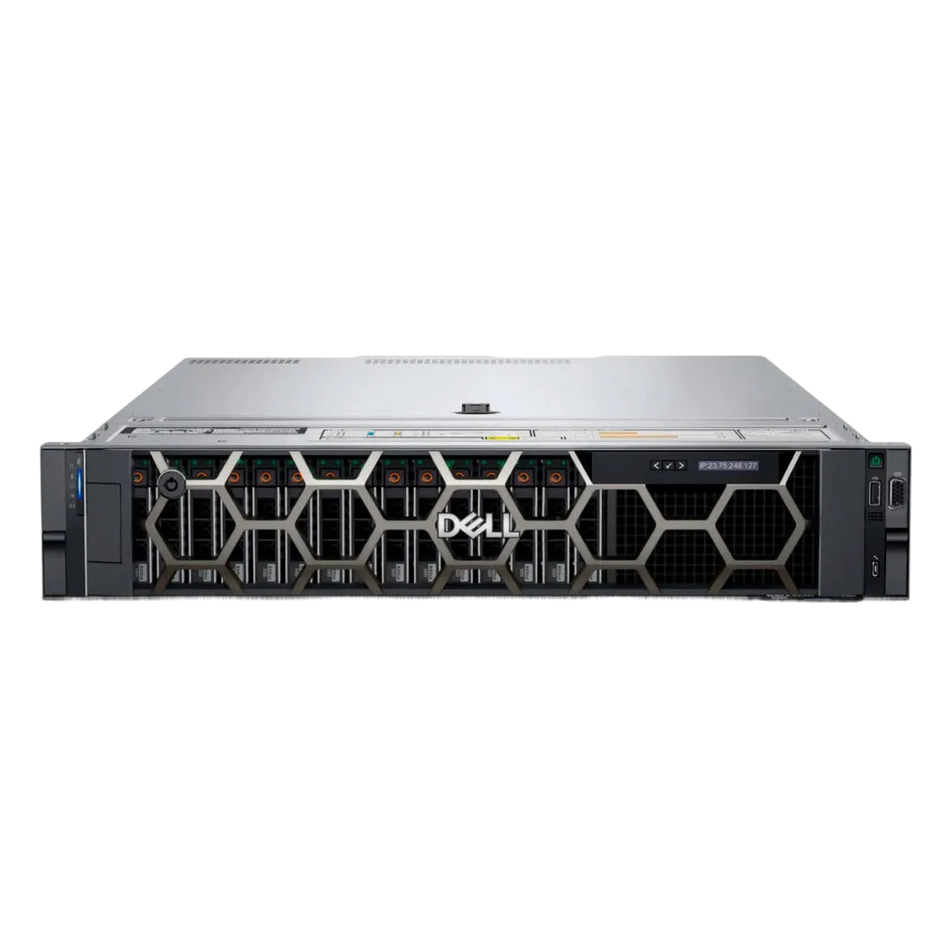 the back of a dell powered server on a black background