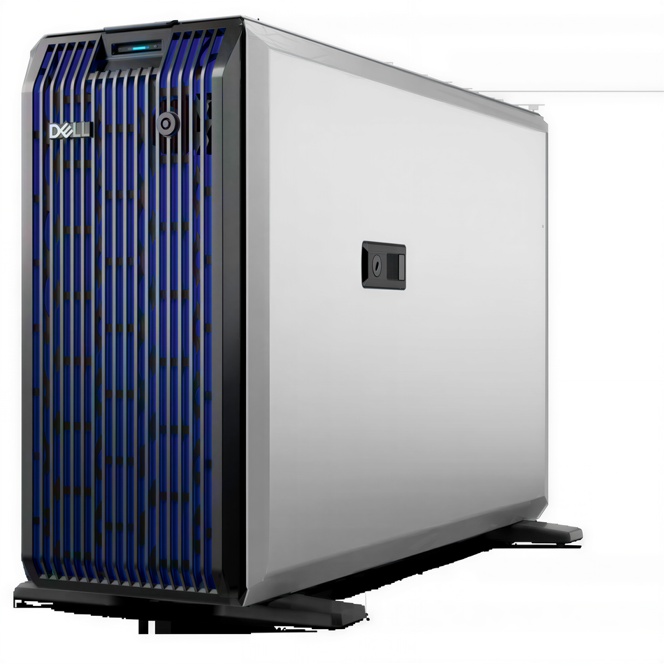 A Dell server rack with a blue and silver color scheme, featuring a vertical grid pattern on the front panel.