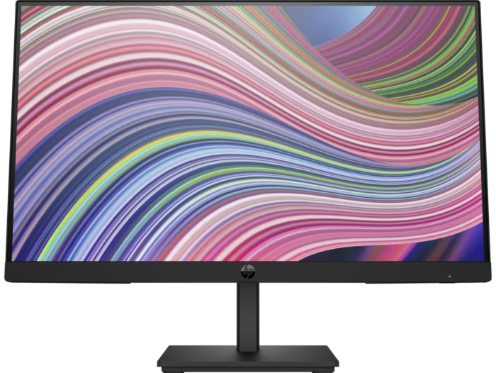 a large, black computer monitor with a vibrant, colorful abstract design on the screen.