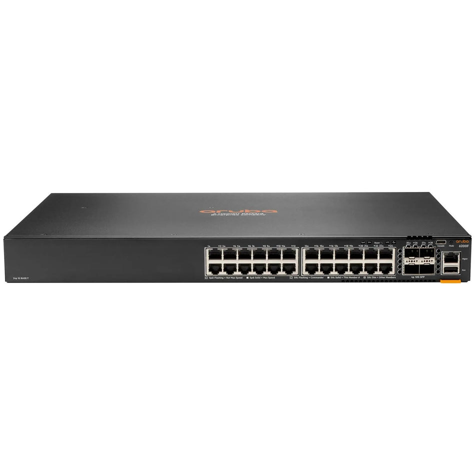 a black electronic device with a row of ports on the front, likely a networking device or a computer.