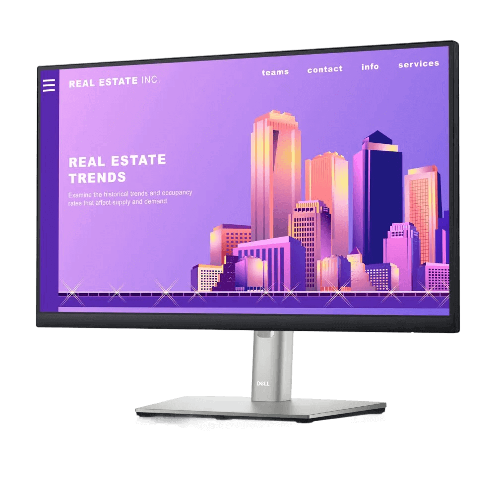 Dell 21.5 inch monitor displaying a real estate trends website with a colorful city skyline.