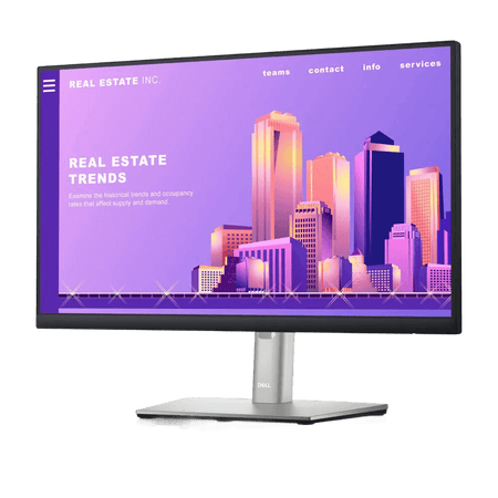 Dell 21.5 inch monitor displaying a real estate trends website with a colorful city skyline.