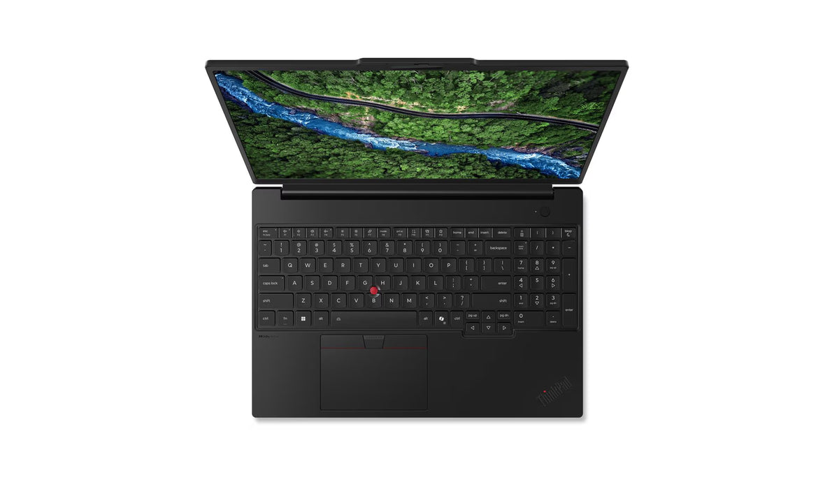 an open laptop with a large screen displaying a scenic view of a river surrounded by trees.