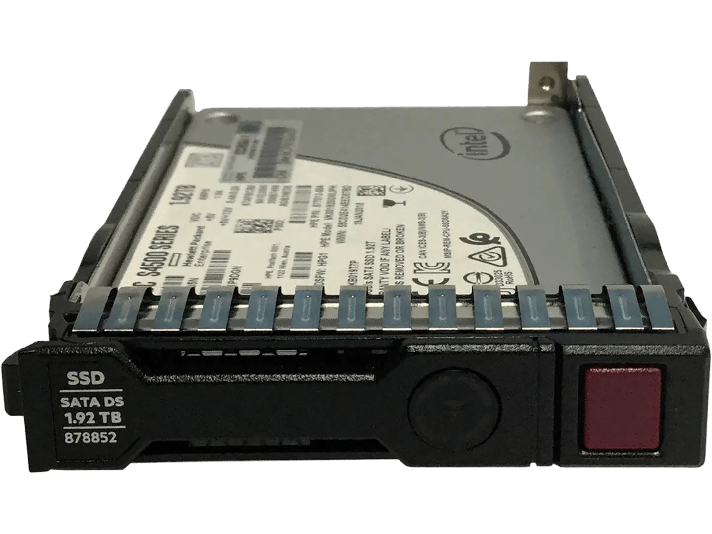 a close-up view of a black computer hard drive with a red button on the side.