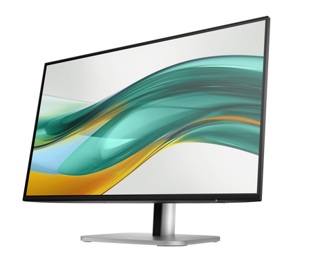 a modern, flat-screen computer monitor with a sleek, silver frame. The monitor displays a vibrant, abstract image of a wave with a mix of blue, green, and orange colors.