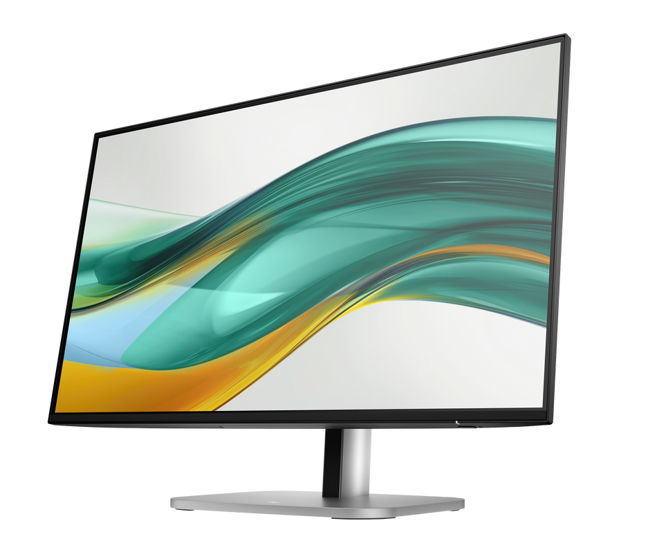 a modern, flat-screen computer monitor with a sleek, silver frame. The monitor displays a vibrant, abstract image of a wave with a mix of blue, green, and orange colors.