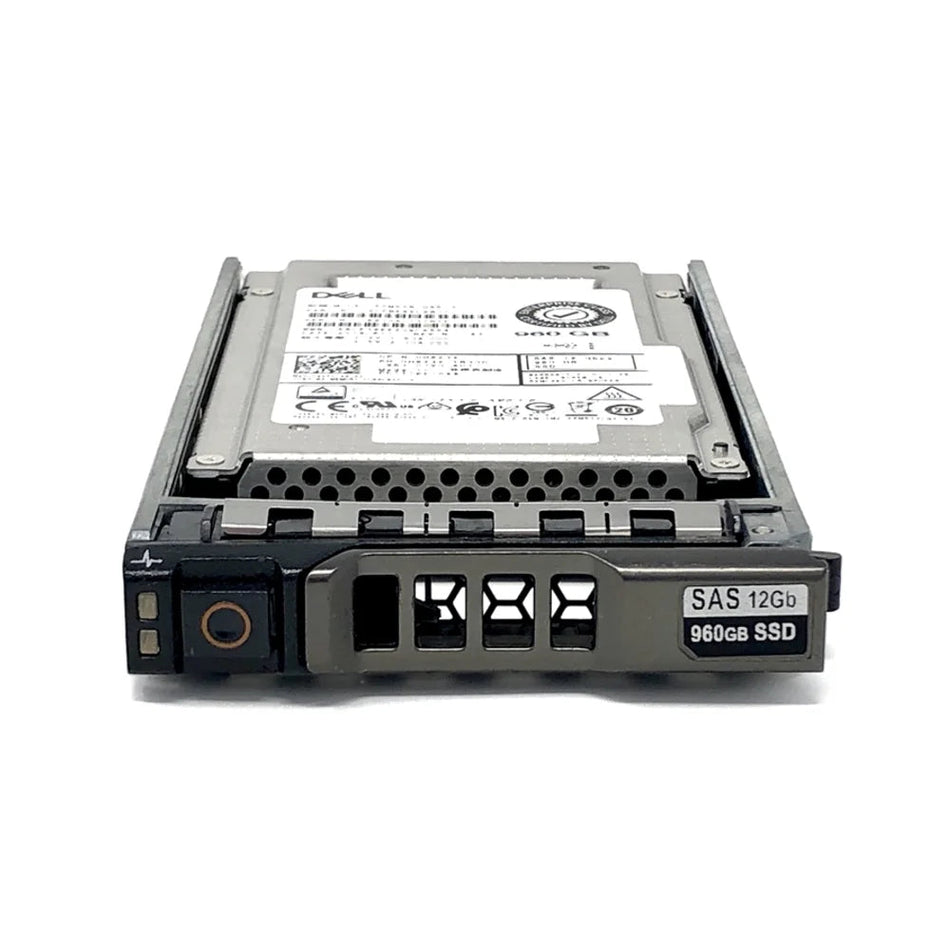 A Dell data storage device, specifically a SAS 1236 900bs SSD, is shown in the image.