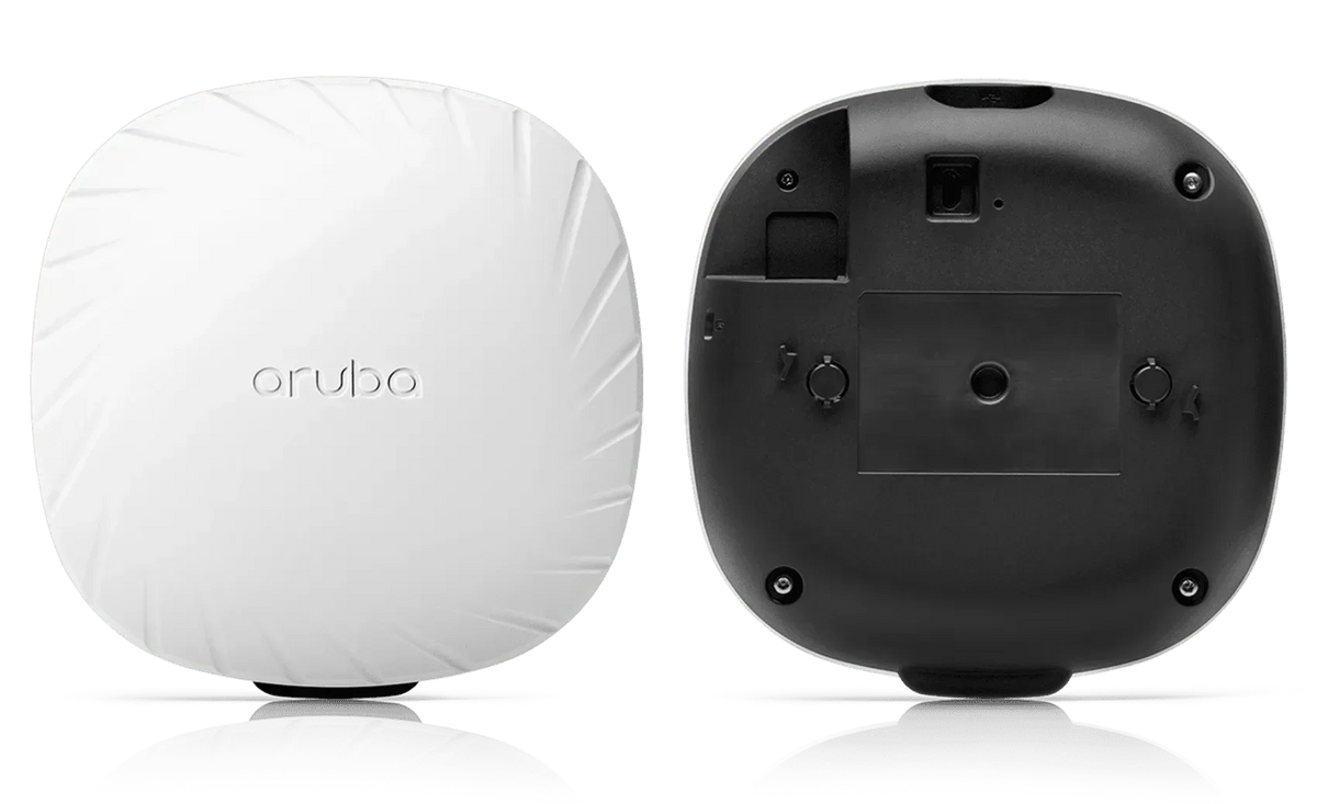 Access Point Aruba AP-505 branco de plástico, formato quadrado com cantos arredondados e logotipo Aruba; verso preto