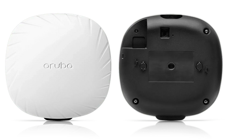 Access Point Aruba branco de plástico, formato quadrado com cantos arredondados, mostrado de frente e pelo verso preto.