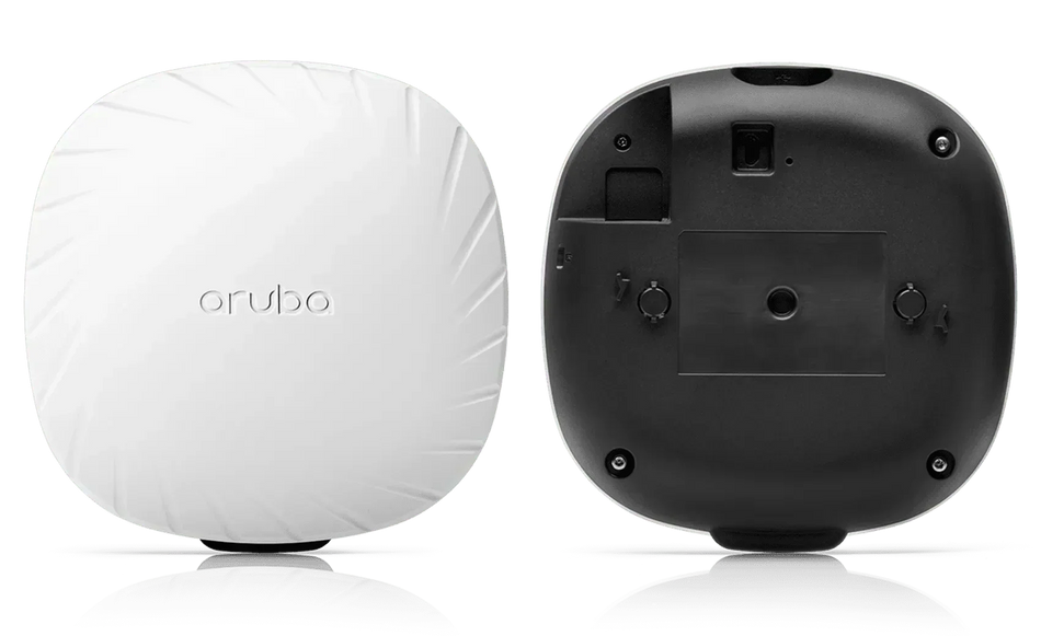 Access Point Aruba branco de plástico, formato quadrado com cantos arredondados, mostrado de frente e pelo verso preto.
