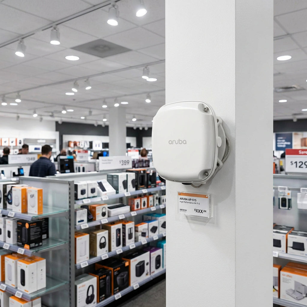 Access Point HPE Aruba branco, com corpo externo robusto de formato quadrado arredondado e logotipo Aruba central.
