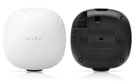 Access Point HPE Aruba branco, corpo quadrado com cantos arredondados e acabamento liso; verso preto com encaixes e parafusos.