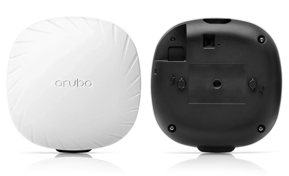 Access Point HPE Aruba branco, corpo quadrado com cantos arredondados e acabamento liso; verso preto com encaixes e parafusos.