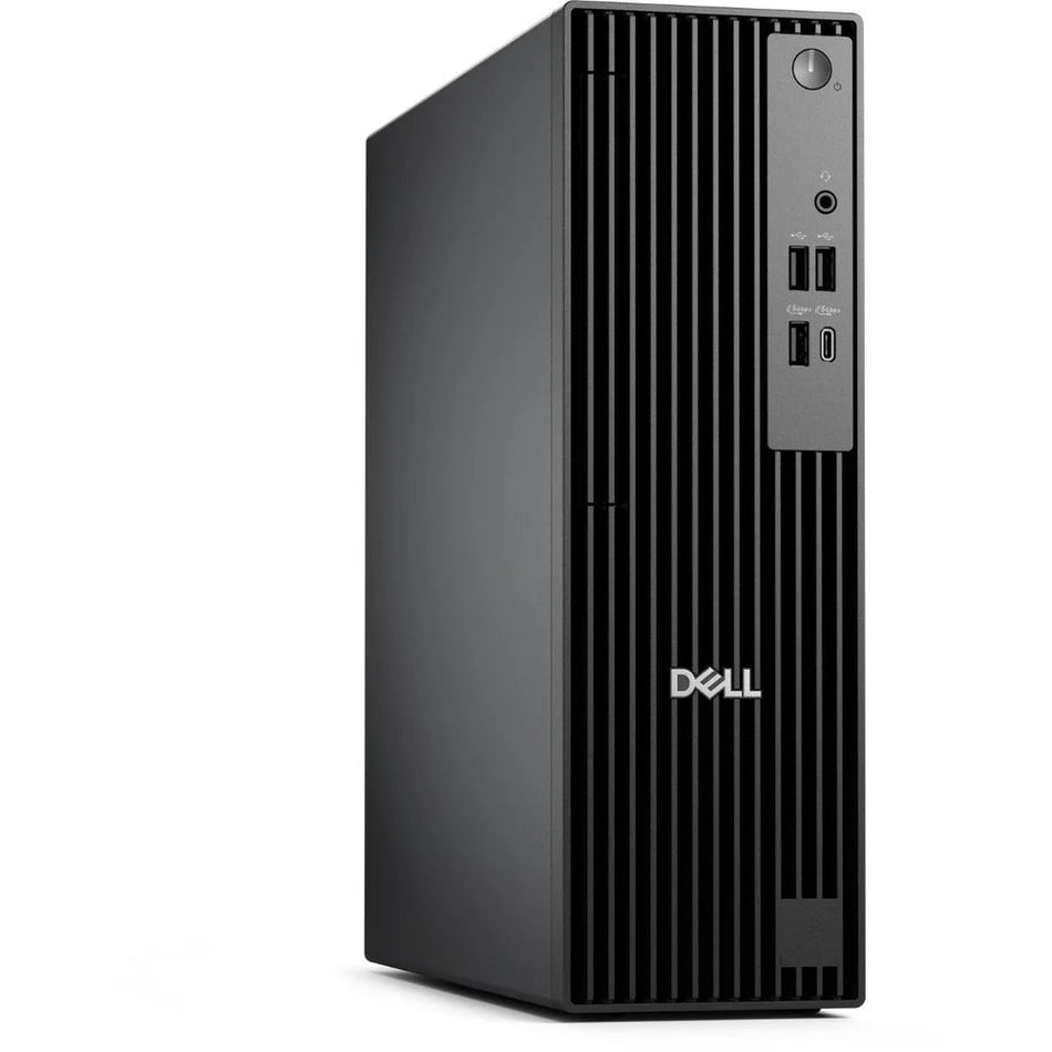 A black Dell computer tower with a vertical grille and a power button on the top.