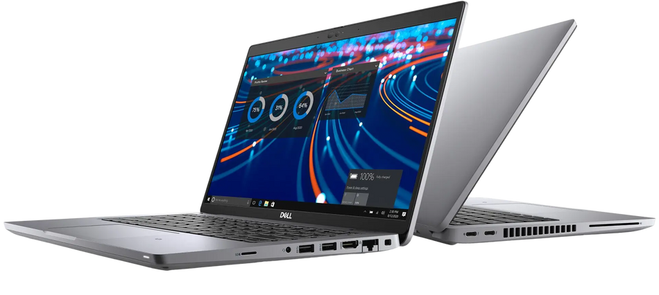 a silver Dell laptop with its screen displaying a colorful, abstract background with various icons and text.