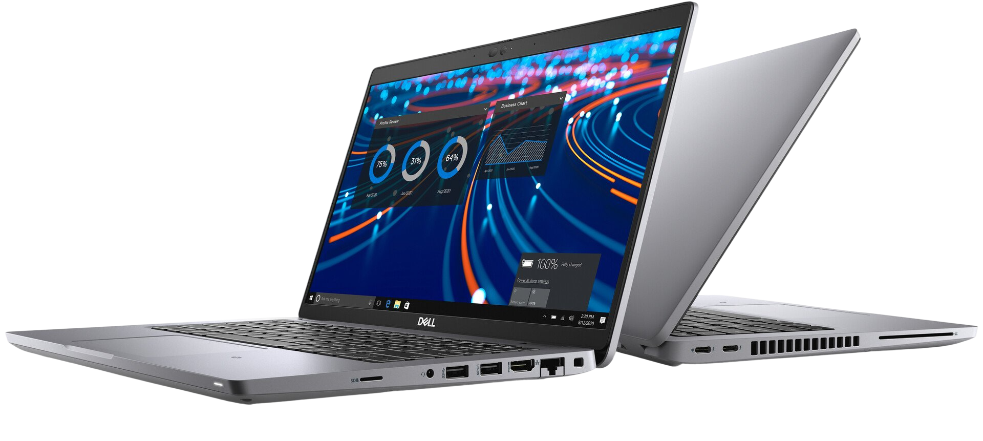 a silver Dell laptop with its screen displaying a colorful, abstract background with various icons and text.