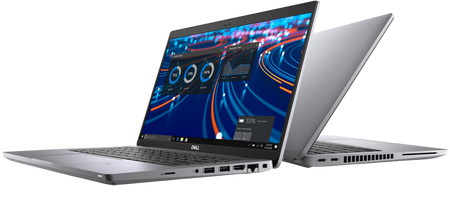 a silver Dell laptop with its screen displaying a colorful, abstract background with various icons and text.