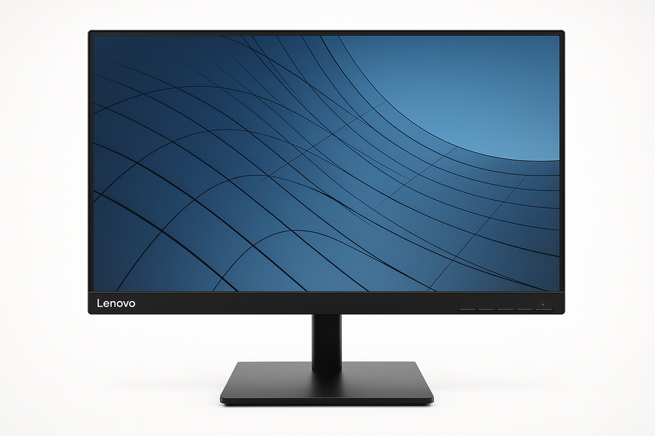 A black Lenovo computer monitor displaying a blue abstract pattern on its screen.
