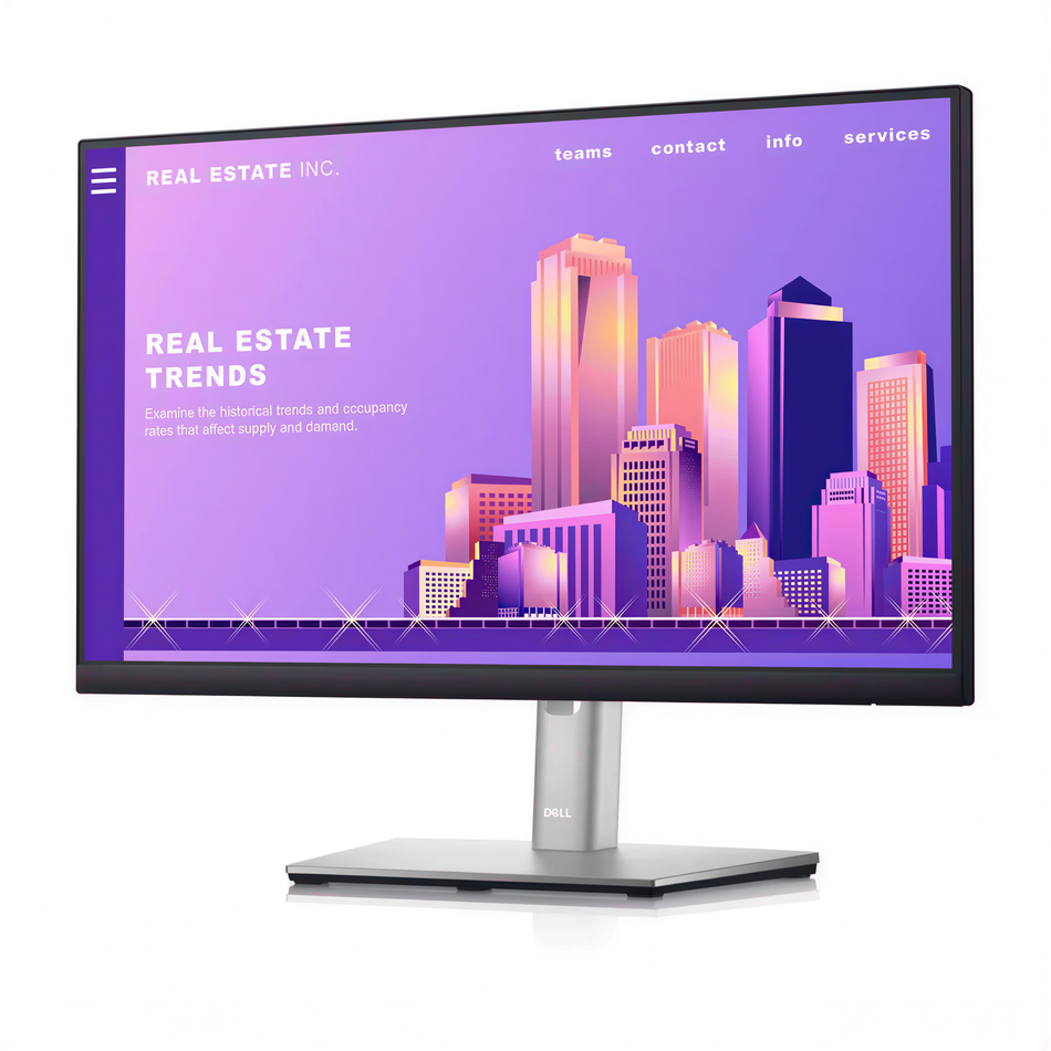 a computer monitor with a webpage on the screen, featuring a cityscape with tall buildings in shades of purple and pink.