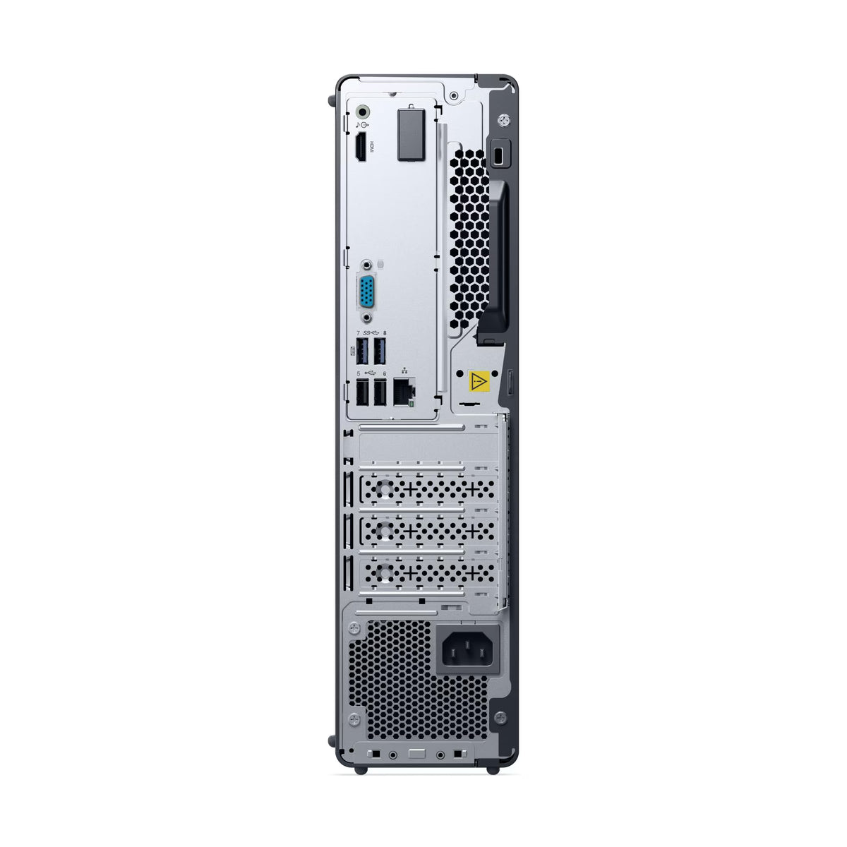 the back of a computer tower, including the central processing unit, cooling system, and various ports and connections.