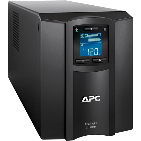 A black APC Smart-Lipskirt C 1000 power unit with a digital display showing 120V and a battery icon.