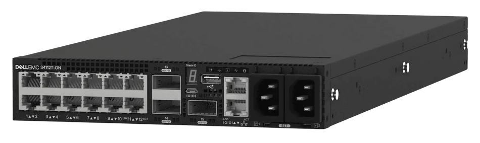 a Dell EMC S14T-ON switchboard, a complex piece of networking equipment.