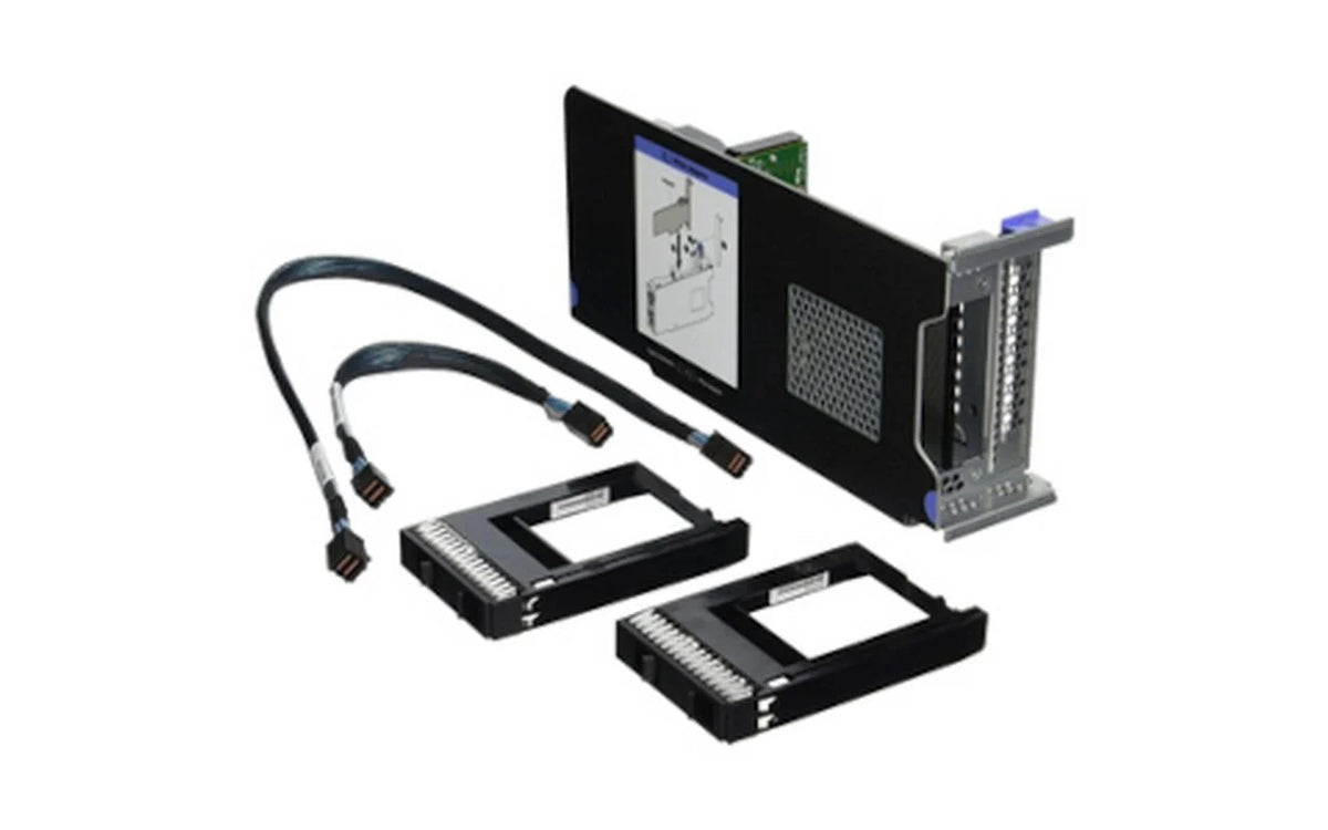 a set of electronic components, including a black server rack, two black memory cards, and various cables.