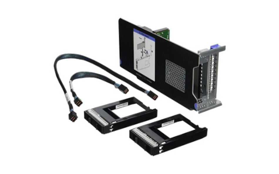 a set of electronic components, including a black server rack, two black memory cards, and various cables.