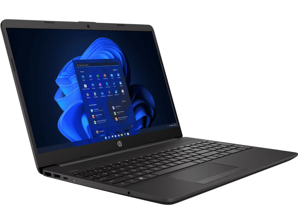 a black HP laptop with a blue and white Windows operating system displayed on the screen.