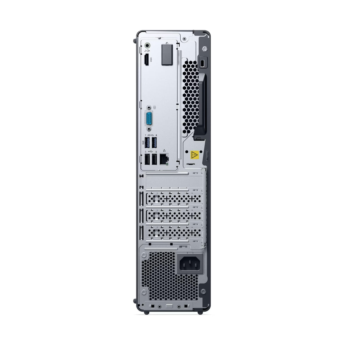 the back of a computer tower, including the central processing unit, cooling system, and various ports and connections.