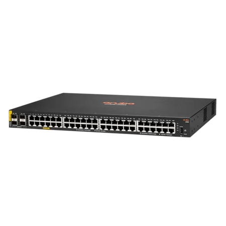 a black and gray networking device, possibly a router or switch, with multiple ports and connections visible.