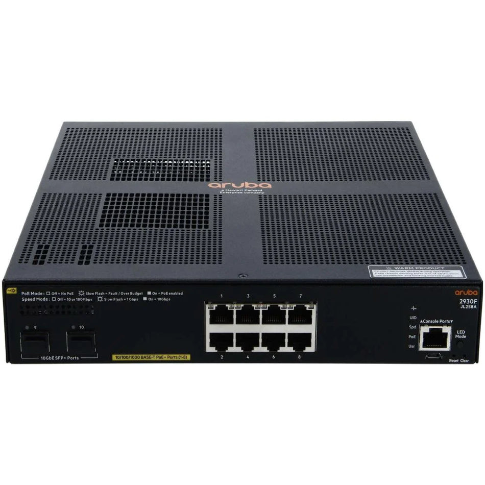 a black electronic device with a network interface, likely a router or switch, with multiple ports and connections.