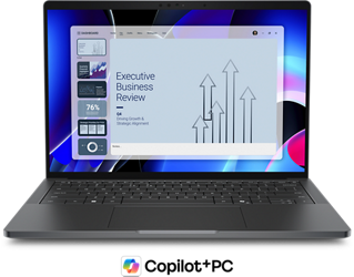 a laptop screen with a presentation slide titled "Executive Business Review" and a graph with upward-pointing arrows.