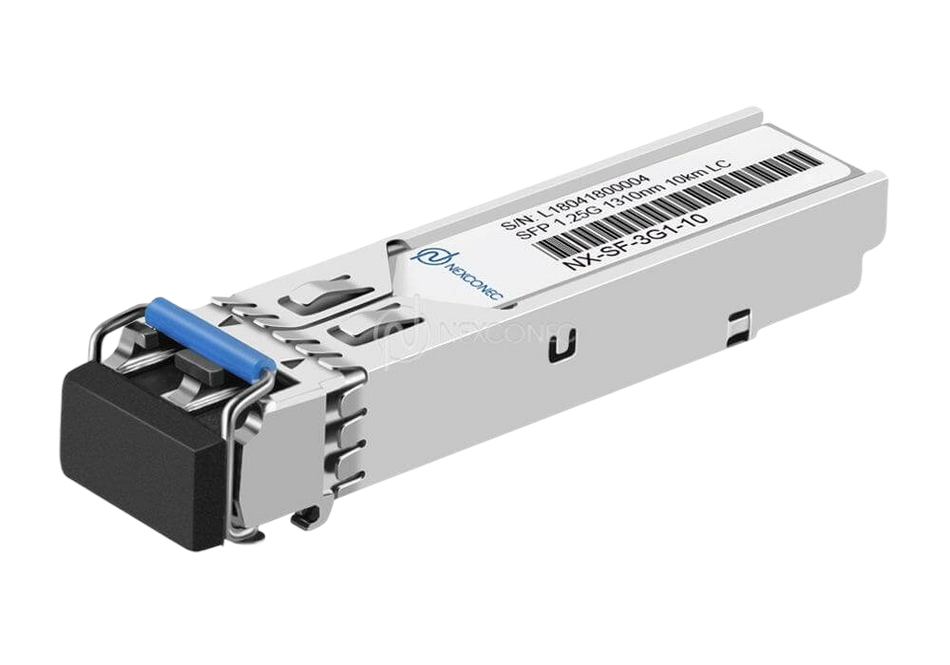 Transceiver module with a sleek design and LC connector for fiber optic networks, ideal for Gigabit Ethernet applications.