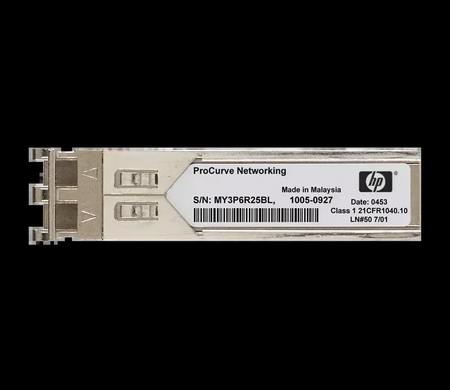 a ProCurve Networking product, specifically a M3P25BLX, which is a type of fiber optic connector. The product is manufactured in Malaysia and has a date of 0453. It is a Class 1 21CFR40/10 model, as indicated by the HP logo. The product is a fiber optic connector designed for ProCurve networking.