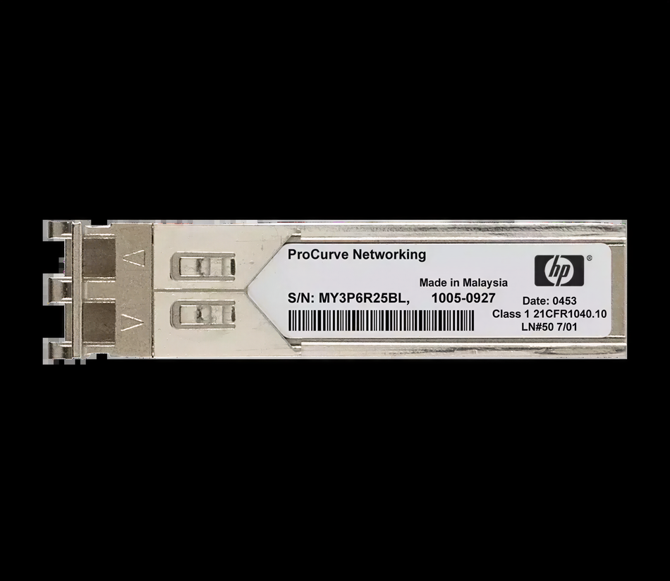 a ProCurve Networking product, specifically a M3P25BLX, which is a type of fiber optic connector. The product is manufactured in Malaysia and has a date of 0453. It is a Class 1 21CFR40/10 model, as indicated by the HP logo. The product is a fiber optic connector designed for ProCurve networking.