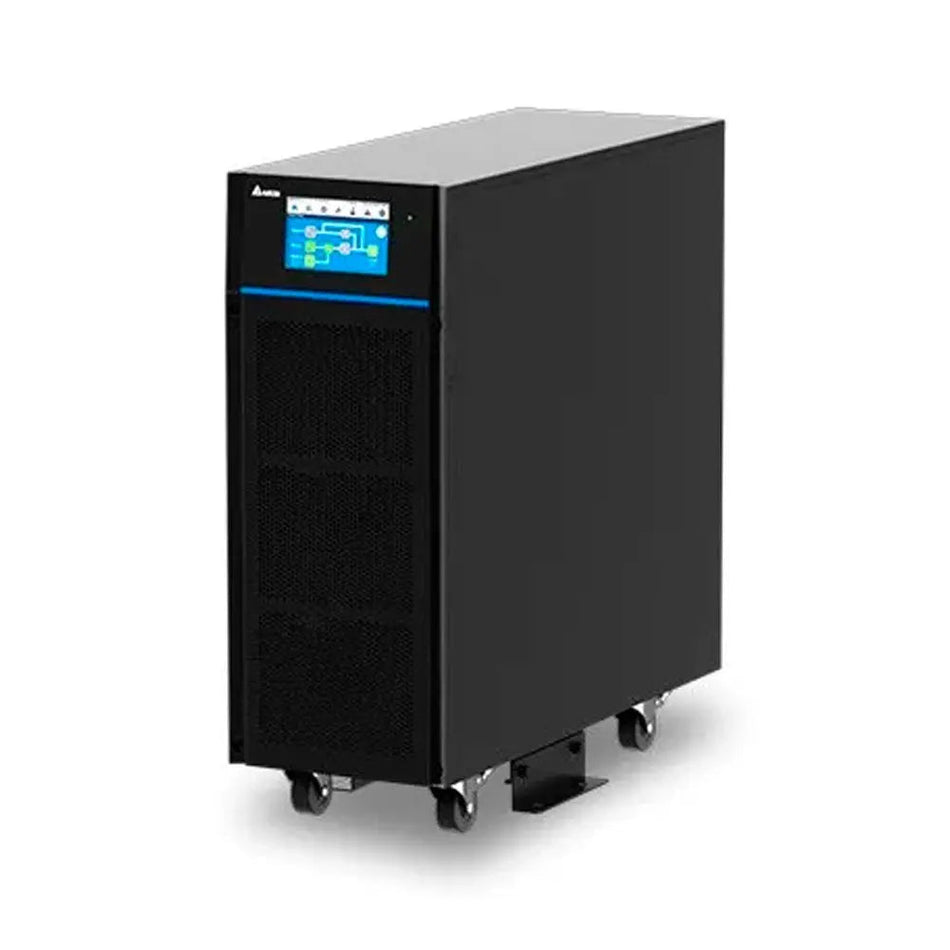 a black electrical device, possibly a UPS or power supply unit, standing on wheels.