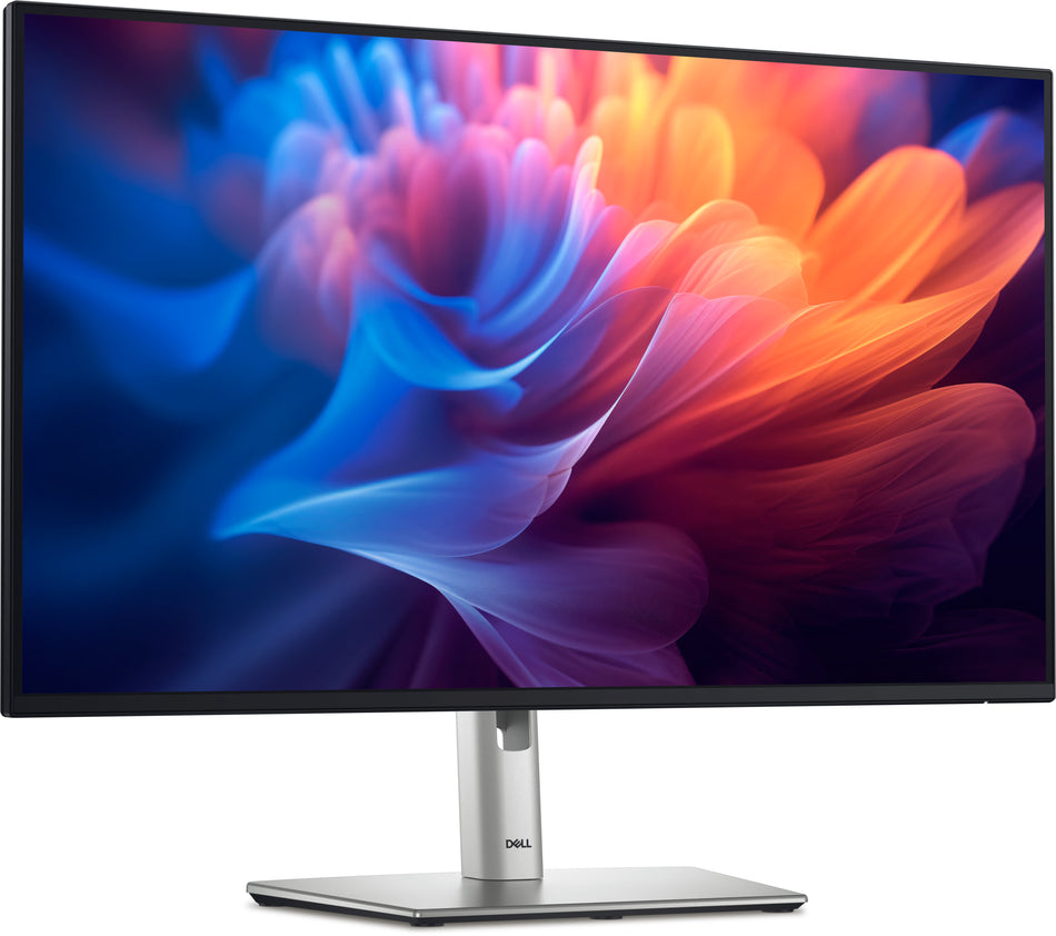 a large, flat-screen monitor with a sleek, modern design. The monitor displays a vibrant, colorful image of a flower, with hues of blue, orange, and purple. The image is displayed on the screen, which is situated on a stand.